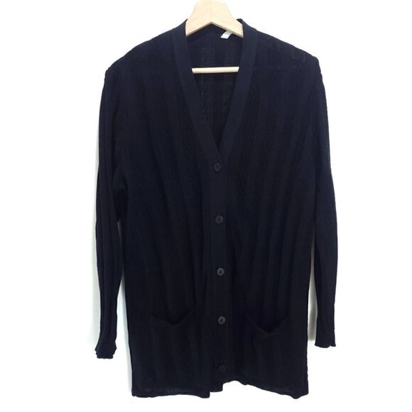 Pointelle Ribbed Long Black Knit Cardigan - Picture 1 of 7